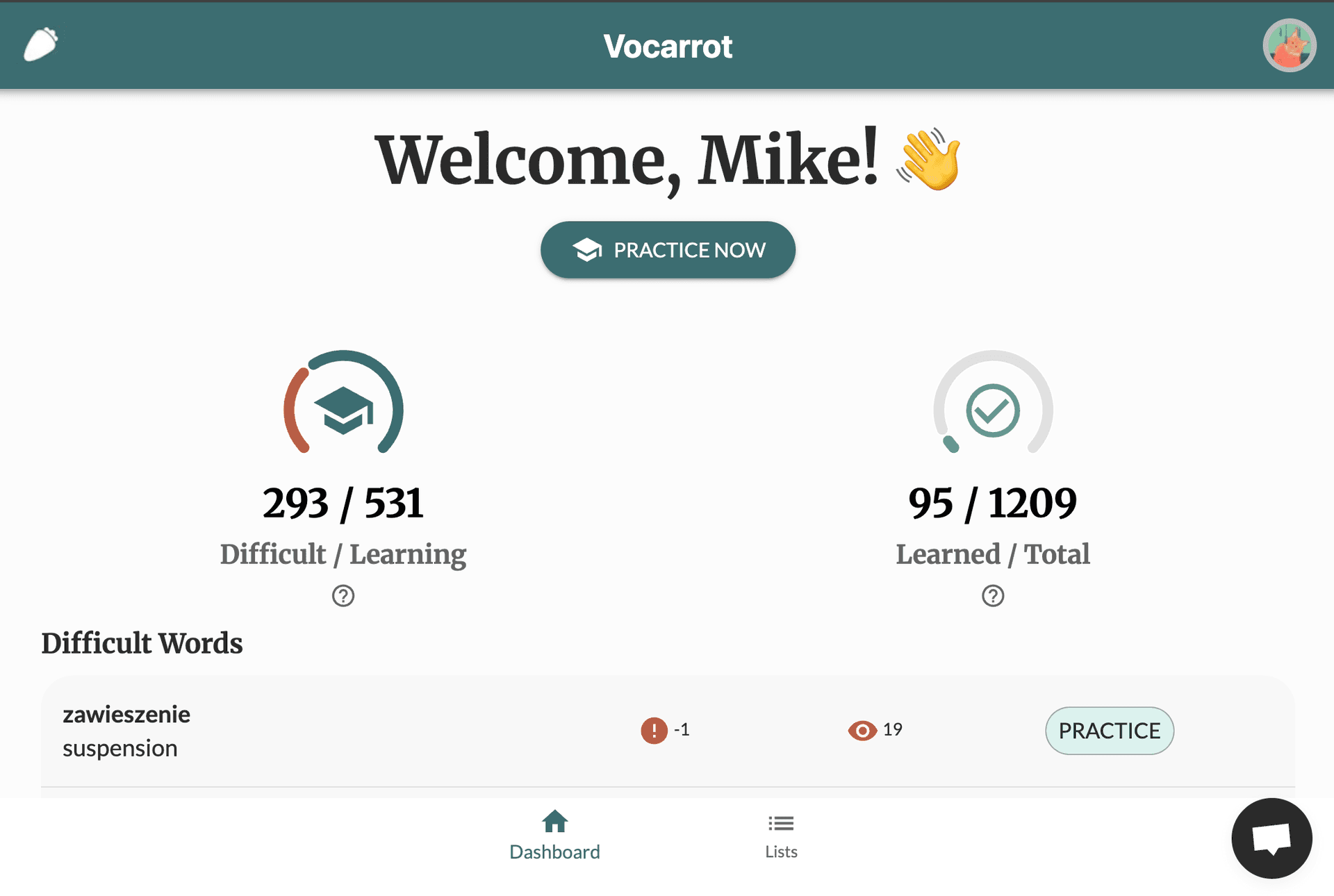 Vocarrot dashboard showing vocabulary progress and statistics