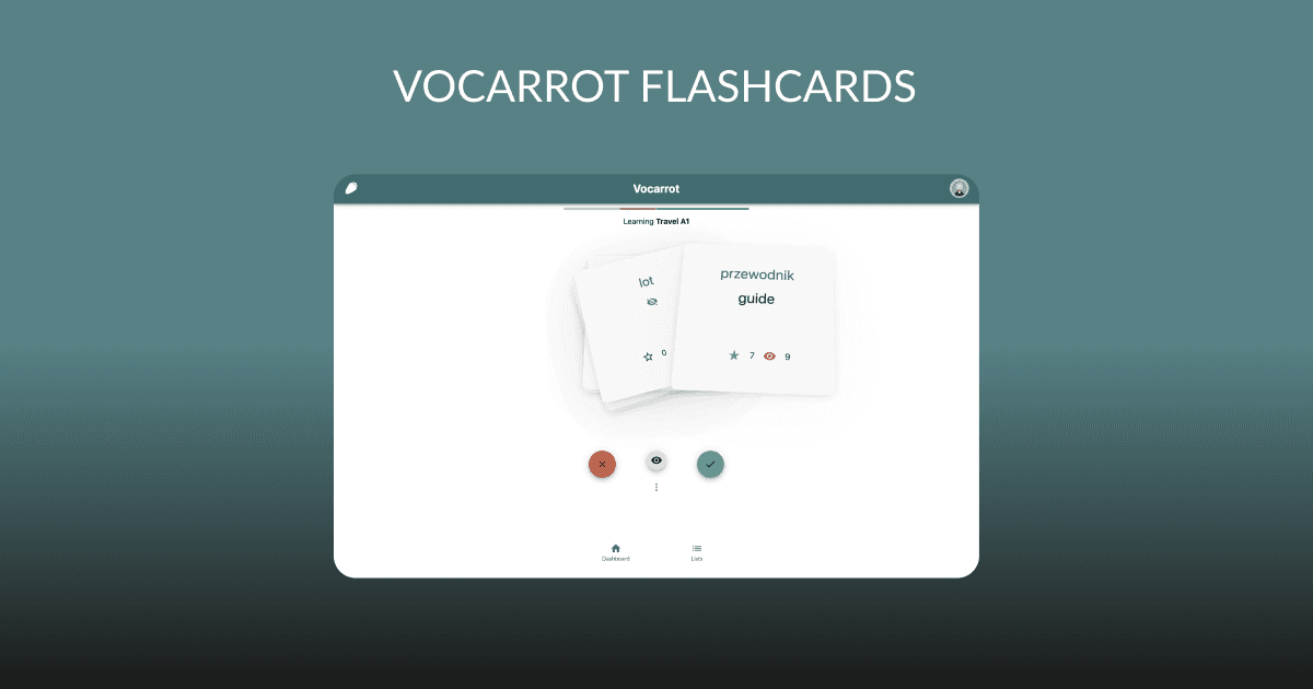 Vocarrot flashcards interface showing vocabulary learning